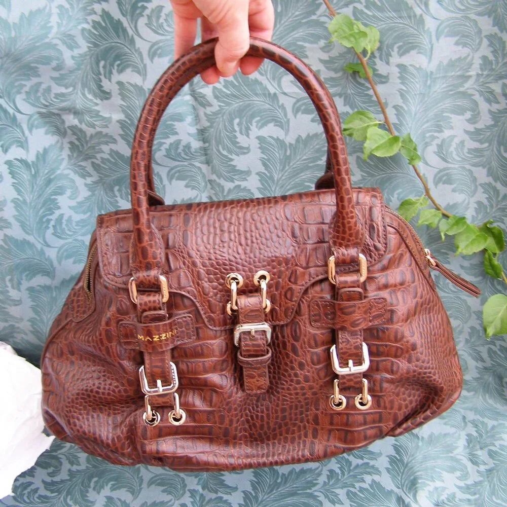 NEW MAZZINI Brown Leather Bag w/Tag Croc Embossed